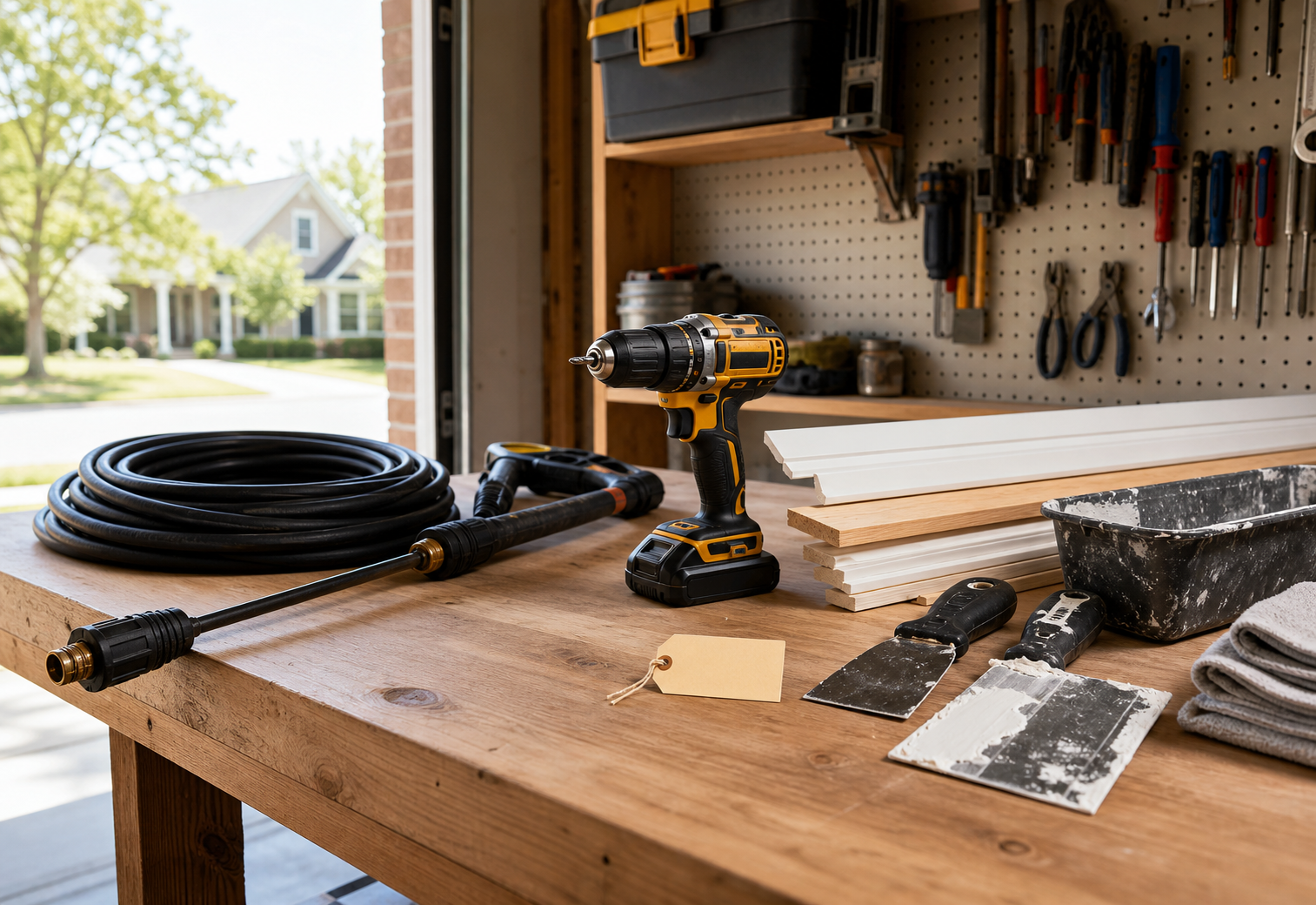 Handyman workbench with repair tools, hose, trim, and a blank project tag